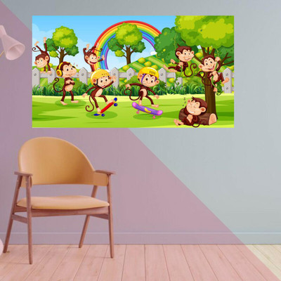 Vijaya enterprises 50.8 cm Monkey cartoon playing in park wall sticker size (36x20 inch) Self Adhesive Sticker(Pack of 1)