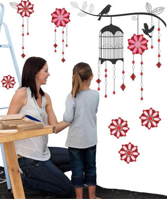 Rangeele 30 cm 3D Pink Cherry Flower Blossom Butterfly'' Wall Sticker Multi (60 cm x 40 cm) Self Adhesive Sticker(Pack of 1)