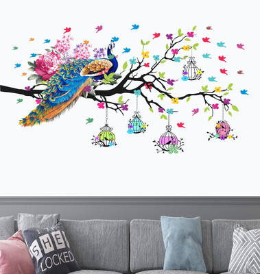 Decor Villa 60 cm tree and birds with peacock wall sticker Self Adhesive Sticker(Pack of 1)
