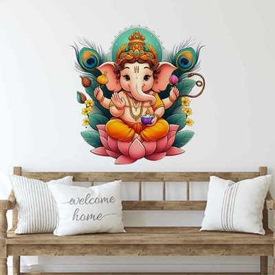 Decal O Decal 40 cm Lord Ganesha with Peacock Feather Decorative Self Adhesive Sticker(Pack of 1)
