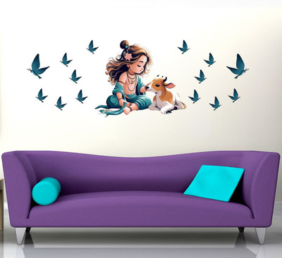 VCREATE DECOR 58 cm krishna with blue birds Self Adhesive Sticker(Pack of 1)