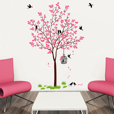 Volxo 90 cm decorative pink Tree with Birds and Nest Botanical Wall Stickers (90 X 60 cm) Self Adhesive Sticker(Pack of 1)