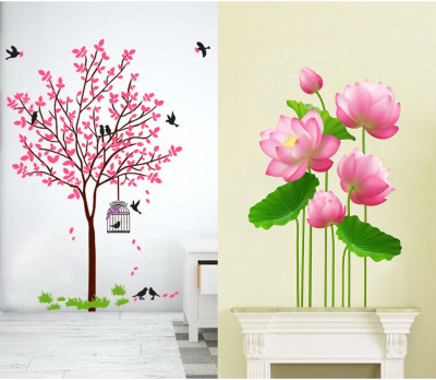 APTIO 45 cm Wall stickers For Decor | Lotus f.lowers & Pink Tree With Bird And Nest Self Adhesive Sticker(Pack of 2)