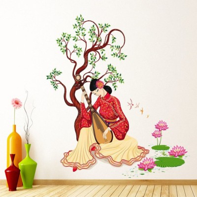 Décor vibe 50 cm latest Chinese Girl Playing Lute Under Tree'Wall Sticker (50 cm x 70 cm) Self Adhesive Sticker(Pack of 1)