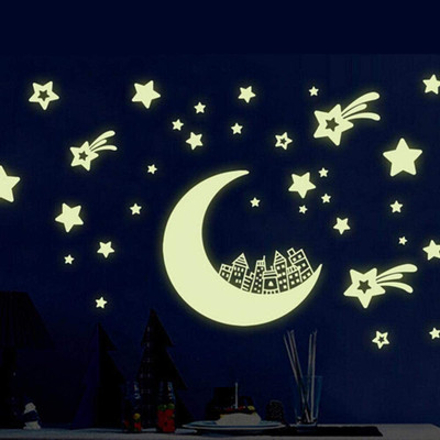 Asian Royals 32 cm Moon Star Glow Night Glow in the Dark Wall Sticker( 32 CM x 24 CM ) Self Adhesive Sticker(Pack of 1)