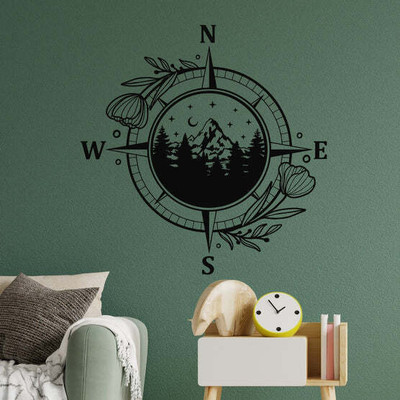 SnappyVinyl 27 cm Compass Trees Lake Self Adhesive Sticker(Pack of 1)