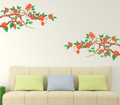 WALLU 80 cm orange flower Self Adhesive Sticker(Pack of 1)