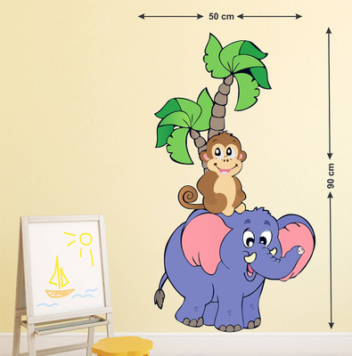 WALL STICKS 76.2 cm CUTE MONKEY SITTING ABOVE ELEPHANT FUNNY WALL STICKER Self Adhesive Sticker(Pack of 1)