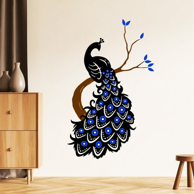 rawpockets 110 cm Beautiful Peacock on Tree Self Adhesive Sticker(Pack of 1)