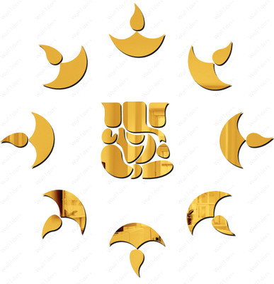 wall1ders 20 cm Small Ganesha 10 Diya Golden Acrylic mirror Self Adhesive Sticker(Pack of 1)