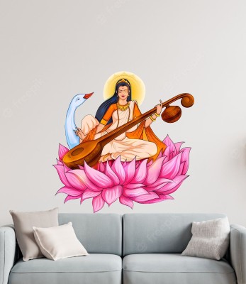 Decor Villa 50 cm 3D Saraswati Mataji JUST Peel & Stick Trendy for Living Room,Prayer Room etc Self Adhesive Sticker(Pack of 1)