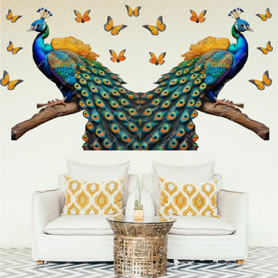 Decor Villa 48 cm Peacock with Butterfly Removable Sticker(Pack of 1)