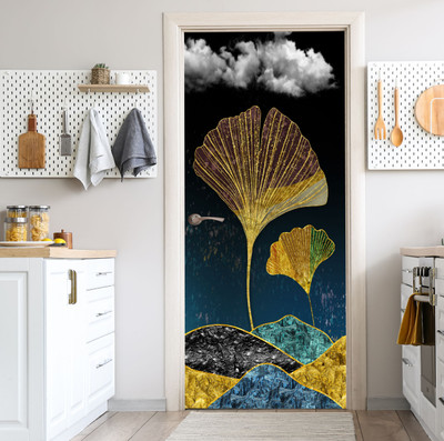 We Kreate 213 cm 3D Golden Leaf Nature Door wallpaper Self Adhesive Sticker(Pack of 1)