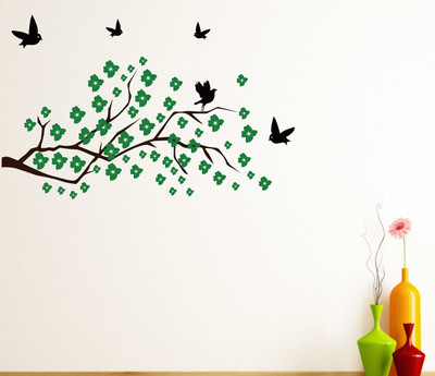 Wallme 140 cm Tree & Birds | Non-Reusable Stickers Self Adhesive Sticker(Pack of 1)