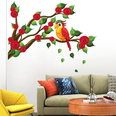 WALMORA 90 cm Parrot On Branch - Red Flowers - Love - Festive - Wall sticker - WM 552 Self Adhesive Sticker(Pack of 1)