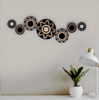 VAH 110 cm 7 Black and wooden Mandala 3D Design Round Wooden Wall Sticker Self Adhesive Sticker(Pack of 7)