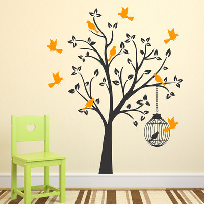 Wallzone 120 cm Tree With Birds Cages Removable Sticker(Pack of 1)