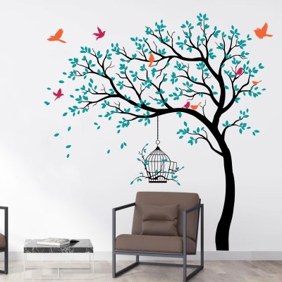 rawpockets 200 cm Blue Tree with Birds and Cage Self Adhesive Sticker(Pack of 1)