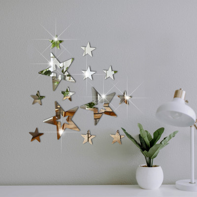 VAH 60 cm Silver Big Stars Wall Mirror Stickers for Wall Decoration(Set of 13 Pieces) Self Adhesive Sticker(Pack of 13)