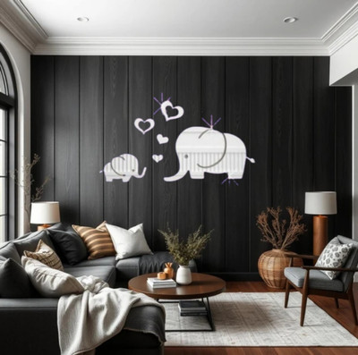Trishvas 8 inch Mother and Baby Elephant with Hearts Silver Mirror Reflective Wall Sticker Self Adhesive Sticker(Pack of 1)