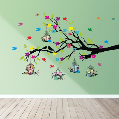 Divine studio 111 cm Tree And Flowers Birds Cage|Self Adhesive|Wall Stickers| (111 Cm X 84 Cm ) Self Adhesive Sticker(Pack of 1)