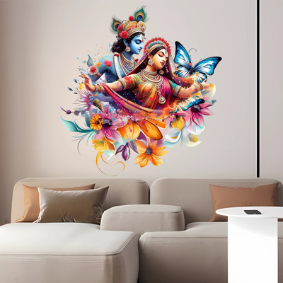 ArtfulDecals 60 cm Colorful Krishna With flower Divine sticker ART Self Adhesive Sticker(Pack of 1)