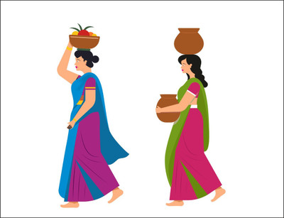 Vijaya enterprises 91 cm Indian Village woman two pot on her head and puja wall sticker size (83x91 cm ) Self Adhesive Sticker(Pack of 1)
