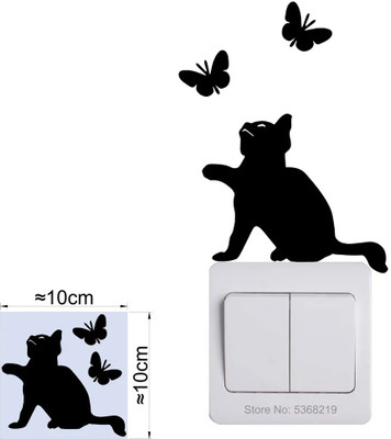 SnappyVinyl 10 cm Switch Board Cat & Butter Fly Sticker Self Adhesive Sticker(Pack of 1)