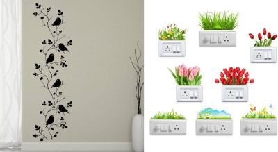 Merical 36 cm Bird vine Flowers Switch Board Sticker Self Adhesive Sticker(Pack of 9)