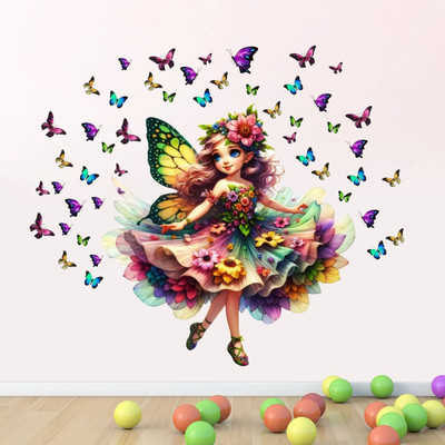 Hetshree decore 50 cm Floral Girls Fairy with butterflies Wall Sticker & Decal Removable Sticker(Pack of 1)