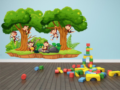 Decor Villa 58 cm Tree and Mokeys Removable Sticker(Pack of 1)