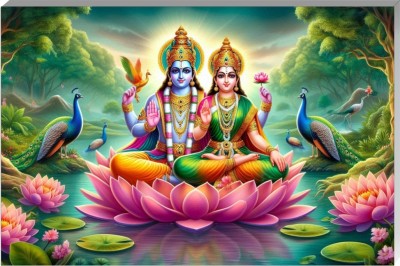 voorkoms 18 inch Lord Vishnu & Maa Lakshmi Spiritual wall art for Puja room & House Décor 12x18 Self Adhesive Sticker(Pack of 1)