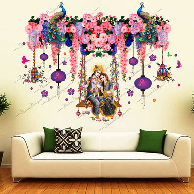DivineDesigns 61 cm Radha Krishna Flowers Jhoomars Sticker Self Adhesive Sticker(Pack of 1)