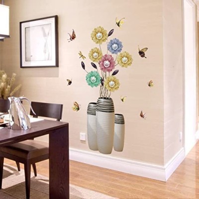 JAAMSO ROYALS 90 cm multi colour Flower vase Nursery Vinyl Wall decals Wall Sticker Self Adhesive Sticker(Pack of 1)