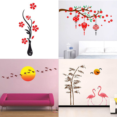 APTIO 45 cm Wall Sticker Flower Vase flower & lantern Sunrise & Flying Bird sunset swan love Self Adhesive Sticker(Pack of 4)