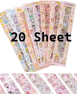 HS ENTERPRISE 15 cm Cute Cartoon Kawaii Stickers – 20 PET Sheets, Japanese Girl Set, Random Design Self Adhesive Sticker(Pack of 1)