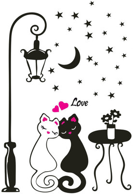 Vijaya enterprises 81 cm Cat love romantic moon star wall sticker for Home size (56x81 cm ) Self Adhesive Sticker(Pack of 1)