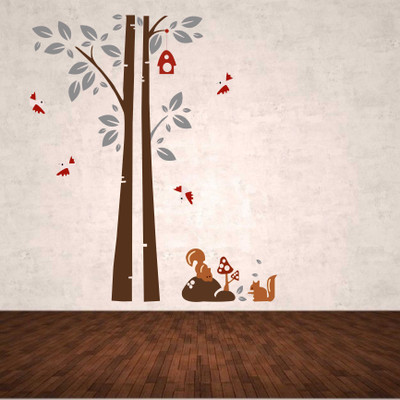 stickermart 120 cm Tree Bird nest and squirrels wall sticker Self Adhesive Sticker(Pack of 1)