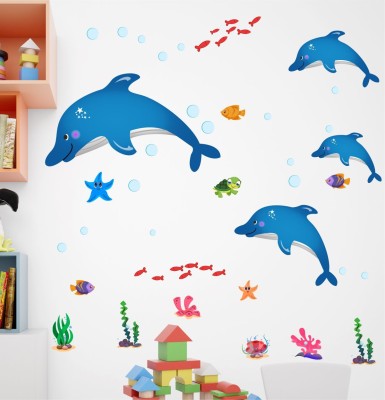 Decal O Decal 105 cm Kids Room Baby Nursery Cartoon Dolphins Star Fish Underwater Creatures Self Adhesive Sticker(Pack of 1)
