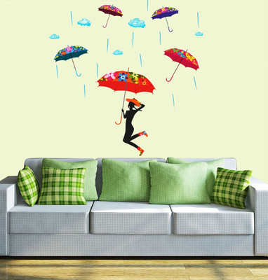 walkart 2.54 cm girl with umbrella in the rain Removable Sticker(Pack of 1)