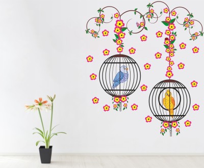 wildartcreation 46 cm latest Cage With Colourful Flower Wall Sticker Self Adhesive Sticker(Pack of 1)