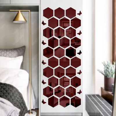 wall1ders 100 cm Hexagon 30 Brown 10 Butterfly Hexagon Mirror Wall Stickers, Self Adhesive Sticker(Pack of 30)