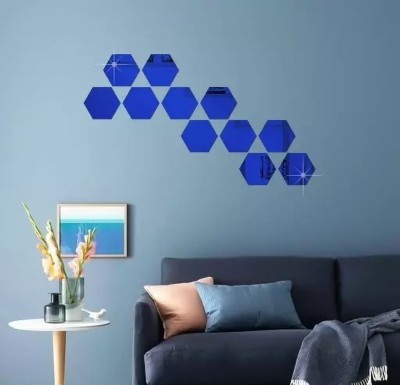 HAPPINY 12 cm 11 Hexagon (10.5 x 12.1 cm) Blue, 3D Acrylic Mirror Stickers for Wall Self Adhesive Sticker(Pack of 1)