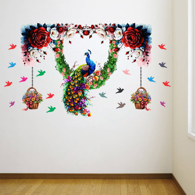 ENEMYSTICKERS 108 cm Peacock with Floral Garland & Hanging Baskets Home Decor PVC Vinyl 108 x 61 cm Self Adhesive Sticker(Pack of 1)