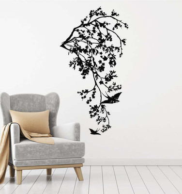 SnappyVinyl 60 cm Tree Branch Flowers Birds Flying Easy to apply Wall Sticker Self Adhesive Sticker(Pack of 1)