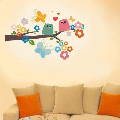 Happy Walls 10 Cartoon Owls and Flowe Self Adhesive Sticker(Pack of 1)
