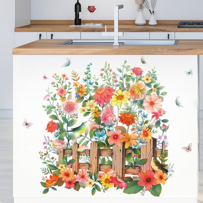 SmartWindow 50 cm Fun Succulents Multi Colour Flowers With Fence Wall Stickers (50 CM X 70 CM) Self Adhesive Sticker(Pack of 1)