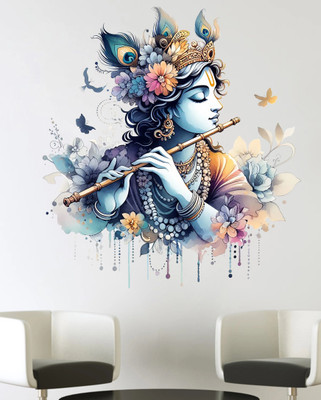 SAJAOHATKE 50 cm Shree krishna with flute Self Adhesive Sticker(Pack of 1)