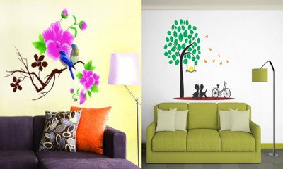 Walltech 90 cm Blue Bird and Kids under tree Self Adhesive Sticker(Pack of 2)