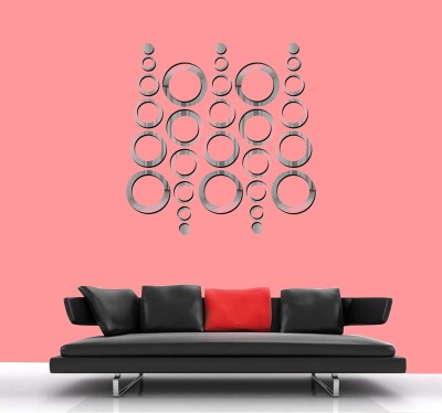 HAPPINY 14 cm 30 Ring Silver, 3D Acrylic Six Size Ring Mirror Stickers for Wall Self Adhesive Sticker(Pack of 1)